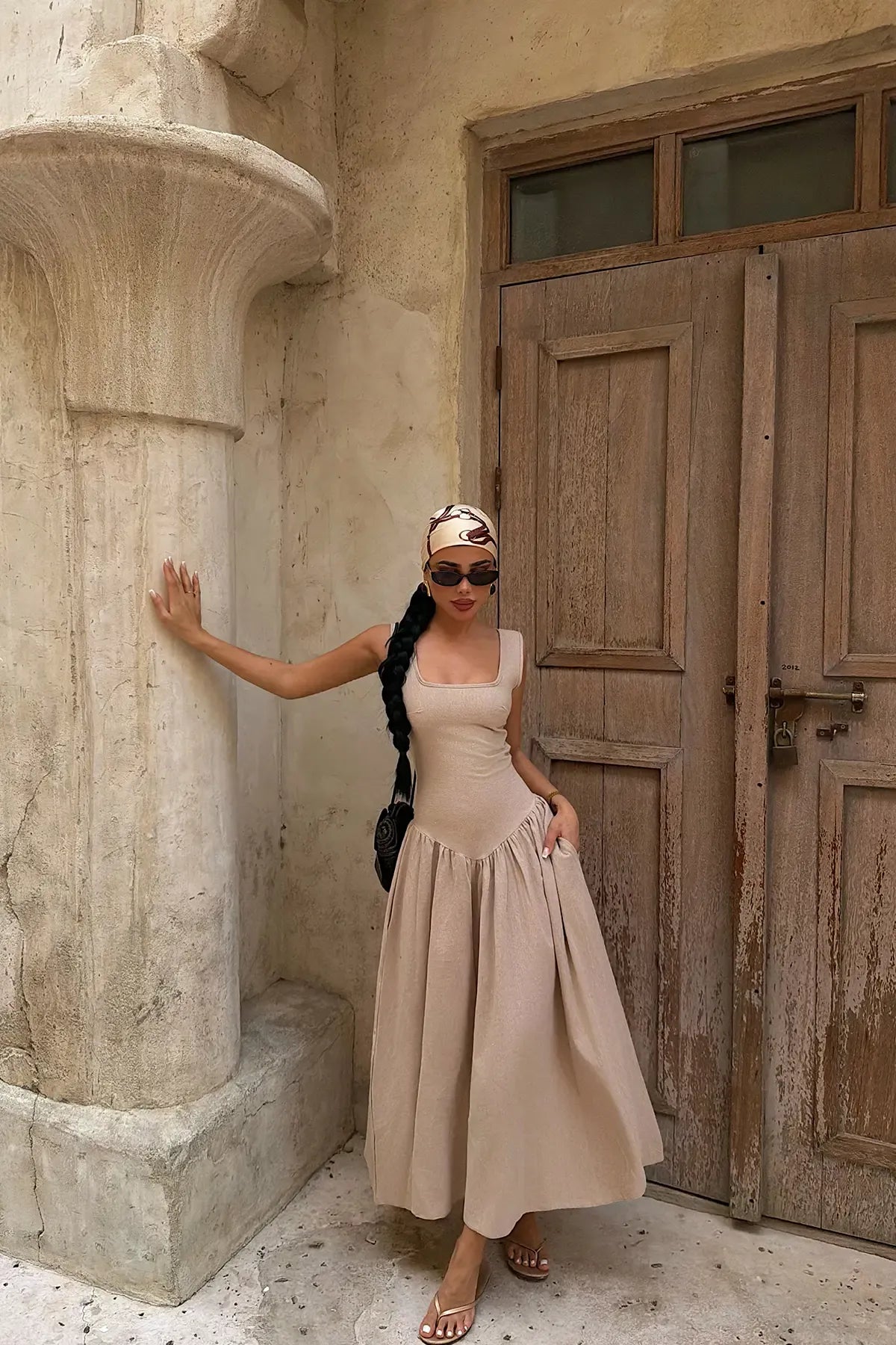 Ninetta™ - Beige Square Neck Midi Dress