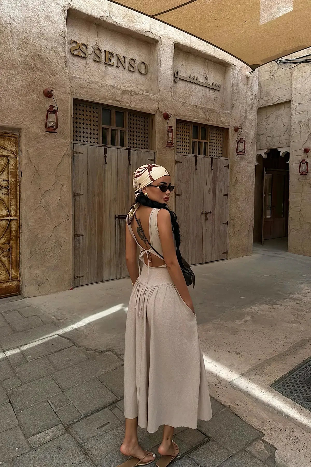 Ninetta™ - Beige Square Neck Midi Dress