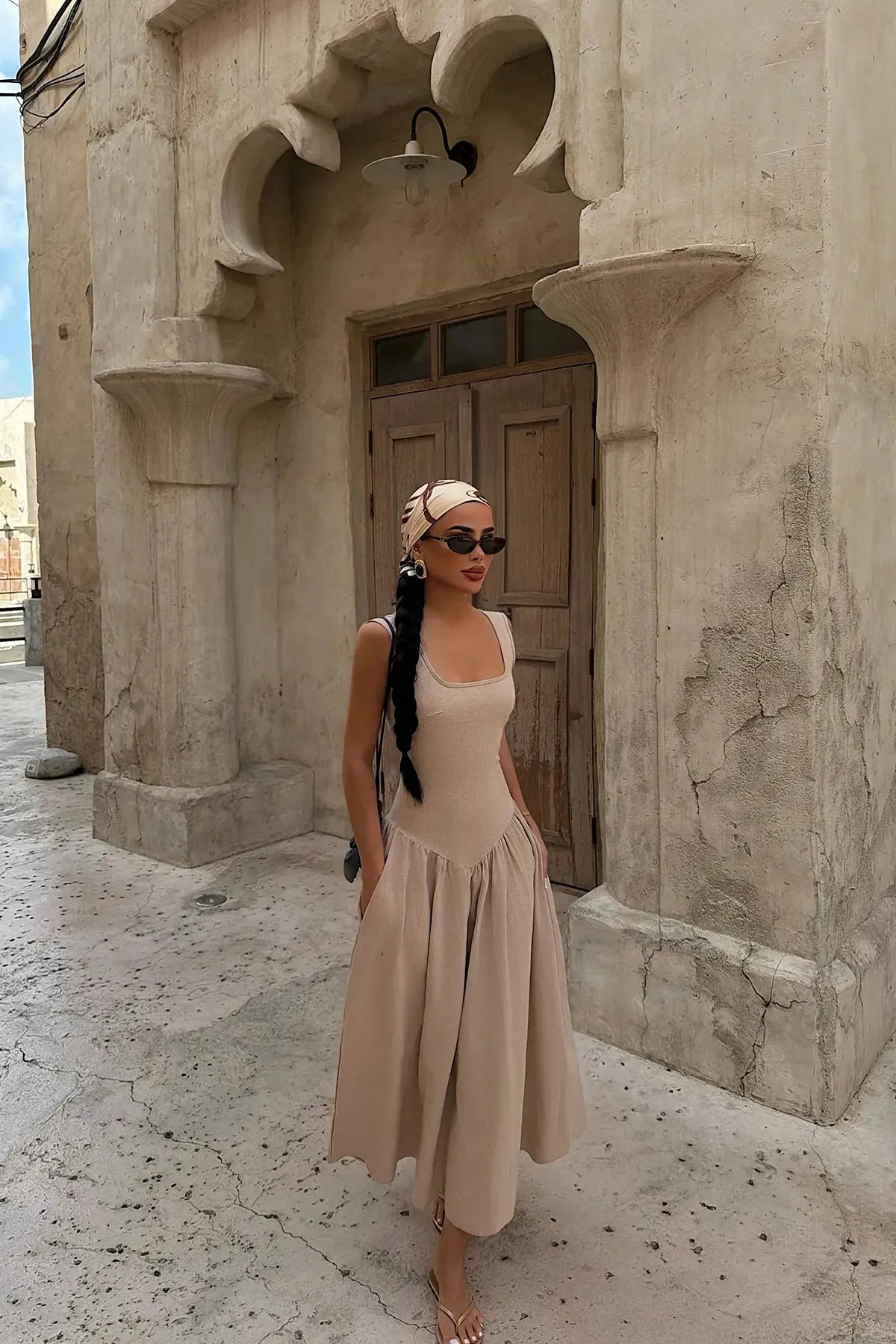 Ninetta™ - Beige Square Neck Midi Dress